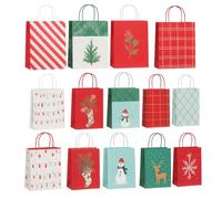 Gift Bags Collection for Holidays, 20 Pack Christmas Paper Bags with Handles, Red Green White Designs featuring Snowman, Reindeer, Snowflakes, String Lights Patterns for Festive Season