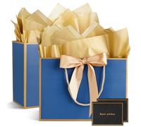 Gift Bags for Present, 2 Pack Medium Gift Bag with 2 Wrappers and 2 Cards, Paper Gifts Bags Shopping Bags with Handles for Women Men Birthday Wedding Party Christmas Bags 20x10x28 cm (Blue-Gold)