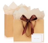 Gift Bags for Present, 2 Pack Medium Gift Bag with 2 Wrappers and 2 Cards, Paper Gifts Bags Shopping Bags with Handles for Women Men Birthday Wedding Party Christmas Bags 20x10x28 cm (Brown)