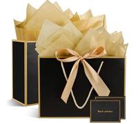 Gift Bags for Present, 2 Pack Medium Gift Bag with 2 Wrappers and 2 Cards, Paper Gifts Bags Shopping Bags with Handles for Women Men Birthday Wedding Party Christmas Bags 20x10x28 cm (Black-Gold)