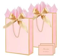 Gift Bags for Presents, 2 Pack Medium Paper Bags with Bow Ribbon Tissue Paper Cards Thank You Gift Bag with Handles for Christmas Holiday Birthday Shopping Bags(Pink,Gold)