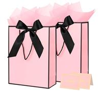Gift Bags for Presents, 2 Pack Medium Paper Bags with Bow Ribbon Tissue Paper Cards Thank You Gift Bag with Handles for Graduation Holiday Birthday Shopping Bags(Pink,Black)