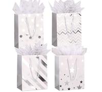 Gift Bags Large Size with Tissue Paper,8pcs 13" White Gold Wrap Paper Gift Bags with Handles for Shopping Party Wedding Baby Shower Holiday Presents (Sliver)
