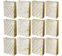Gift Bags Medium with Handles 12 Pack - Thick Glossy Paper, Golden Rope Handles, Strong Premium Gift Bags - 32x26x12cms