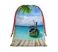 Gift Bags With Drawstring Seaside Boat Coconut Leaves Print Gift Sack Reusable Party Favor Gift Bags For Festive