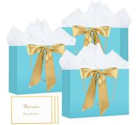 Gift Bags with Handles, 3 Packs Medium Paper Present Bags, Includes 6 Tissue Paper and 3 Greeting Cards for Kids Adult Men Women's Birthday, Wedding, Valentines, Bridesmaid Party(Tiffany Blue - 3pcs)