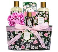 Gift Basket for Women, 8 Piece Beauty and Body Care Set with Roses and Jasmines, Pampering Package for Home Bath, Relaxing Spa Kit for Personal Care, Gift