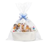 Gift Basket Hamper Kit Empty White Hamper Basket with Handle Cellophane Bags Ribbon Pull Bows Set for Christmas, Baby Shower, Wedding, Birthday Gift Storage