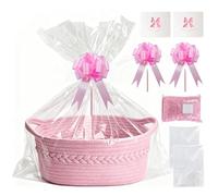 Gift Basket Hamper Kit, Gift Baskets Empty, Basket for Gifts with Cellophane Bags, Raffia and Pull Bows, Pink Basket, Basket Hampers for Wedding Christmas Easter Birthday Baby Shower
