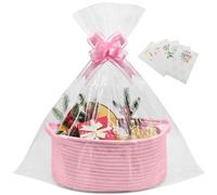Gift Baskets Empty,1 Pcs Empty Hamper Basket with 2 Transparent Bags and 2 Pull Bows,Cotton Rope Basket for Christmas,Baby Shower,Wedding,Birthday,Graduations(12.99x7.87x5.51 in) (Pink 1Pcs)