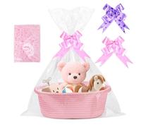 Gift Baskets Empty, Pink Woven Gift Basket Hamper Kit, Empty Hamper Baskets, Cotton Rope Basket with 1 Pack Raffia and 2 Pull Bows, for Christmas Birthday Baby Shower Wedding Gifts (30 x 20 x 12 cm)