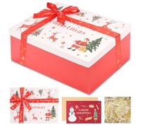 Gift box, Gift Packaging Box with Greeting Card Shredded Paper, Christmas Luxury Gift Box with Lid Greeting Card Shred Raffia, Cardboard Present Box for Christmas (Red & White)
