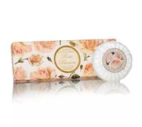 Gift box of Italian Rose Soap, 3 x 100g, round soaps sculpted with lily, pleated wrapping and label, 3 x 3.52 oz