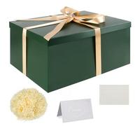 Gift Box Set, Green Gift Boxes with Lids 38 x 28 x 19 cm Large Gift Box with Ribbon Shredded Tissue Paper Greeting Cards for Christmas Birthday Wedding Anniversary