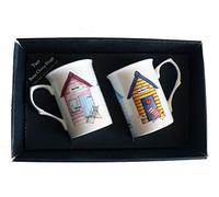Gift Boxed Beach Huts Mugs 2 x Bone China Mugs in a Gift Box