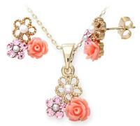 Gift Boxed Jewellery set comprising a necklace and earrings. The necklace features a gold tone chain with a pendant in a flower design with pink crystals and a central pearl with earrings (Silver)