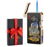 Gift Dual Power Electronic Lighter - USB-C Rechargeable & Butane Refillable, 5-in-1 Ignition Modes (Blow/Sound/Shake/Tap/Button), Battery Indicator & Use Counter, Windproof Jet Flame (Fortune Lion)