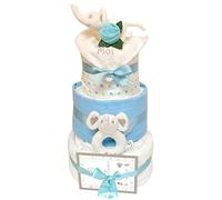 Gift for Baby Shower For A New Born Baby Boy Gift Set - 3 Tier Nappy Cake - Blue Baby Gift Hamper Elephant Themed Present