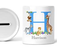 Gift For Boys Personalised Initial Gifts Kids Jungle Animal Piggy Bank Blue Boy Present Kids Money Box Custom Name Savings Jar Decor Coin Box Childrens Money Bank Bedroom Accessories Ceramic