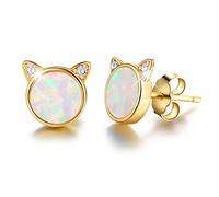 Gift for Christmas Esberry 18K Gold Plating 925 Sterling Silver Opal Cat Stud Earrings Cute Cat with Natural Stone Hypoallergenic Earrings for Women and Girls (Yellow Gold-White Opal)