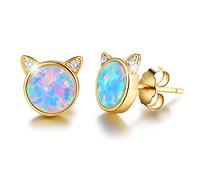Gift for Christmas Esberry 18K Gold Plating 925 Sterling Silver Opal Cat Stud Earrings Cute Cat with Natural Stone Hypoallergenic Earrings for Women and Girls (Yellow Gold-Blue Opal)