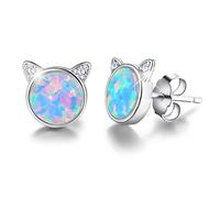 Gift for Christmas Esberry 18K Gold Plating 925 Sterling Silver Opal Cat Stud Earrings Cute Cat with Natural Stone Hypoallergenic Earrings for Women and Girls (White Gold-Blue Opal)