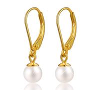 Gift for Christmas Esberry 18K Gold Plating 925 Sterling Silver Pearl Earrings Handpicked White Shell Pearl Drop Earrings Jewelry for Women and Girls (yellow-gold-plated-base, 6.0mm)