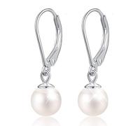 Gift for Christmas Esberry 18K Gold Plating 925 Sterling Silver Pearl Earrings Handpicked White Shell Pearl Drop Earrings Jewelry for Women and Girls (white-gold-plated-base, 8.0mm)