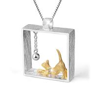 ✦Gift for Christmas✦ Lotus Fun S925 Sterling Silver Necklace Pendant Cat Playing Balls Pendant with Necklaces Link Chain Length 17inches, Handmade Unique Jewelry Gift for Women and Girls