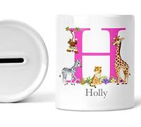 Gift For Girls Personalised Initial Gifts Kids Jungle Animal Piggy Bank Pink Girl Present Kids Money Box Custom Name Savings Jar Decor Coin Box Childrens Money Bank Bedroom Accessories Ceramic