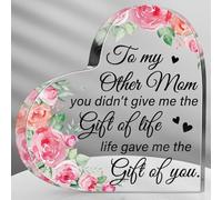 Gift for Mom from Daughter Son Christmas Acrylic Heart Shaped Block for Moms Bonus Heart Plaque Sign for Grateful Mother's Day Birthday Thanksgiving Gift Ideas (Stepmother Pink Flower)