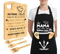 Gift for Mum Set, Mother's Day Gifts Bamboo Wooden Board Personalised Chopping Board with Apron and 3 Cooking Spoons - Practical Birthday Gift for Mum, Mother Gifts for Birthday