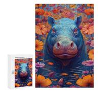 Gift for Puzzle Lovers: Hippo Flower Portrait, 300 PCS, Decorative Jigsaw for Grown-Ups; for Couples, Friends And Family