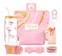Gift for Teenage Girls 8-15 Years Old, Teenage Girl Gifts 9-14, Back to School & Birthday Presents with Glass Tumbler Lid Straw Makeup Brushes Cosmetic Bag Bracelets Socks Headband Hair Ties