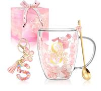 Gift for Women Cute Double Wall Glass Coffee Mug Tea Cup with Spoon Personalized Monogrammed Gift Birthday Christmas Valentine Mother's Day Christmas for Mom Wife Friends Stocking Stuffers (S)