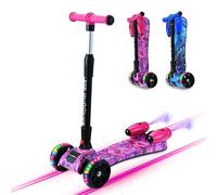 Gift Gadgets Mini 1 Pro 3-Wheel Kids Scooter | Folding Kick Scooter with LED Light-Up Wheels, Bluetooth Speaker & Water Spray | Adjustable Handlebar | Ages 3-8 (Galaxy Pink)