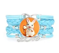 Gift Girl Cookie Ribbon Rabbit Love Adjustable Leather Braided Bracelet Blu