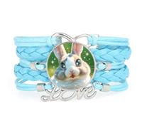 Gift Gradation Big Eyes Rabbit Love Adjustable Leather Braided Bracelet Blu