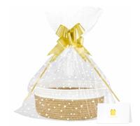 Gift Hamper Basket, 30x20x13cm Woven Hamper Basket for Gifts Cellophane Bag | With Ribbon Card, Hamper Kit Khaki White Empty Hamper Basket for Baby Shower, Holiday Presents