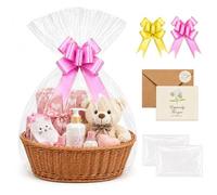 Gift Hamper Basket Kit, Gift Baskets Empty Woven Gift Wicker Basket with Cellophane Wrap Bow Greeting Cards for Christmas Birthday Wedding Baby Shower Easter Gifts