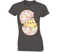 Gift Hub Cute Hatching Chick Womens T-Shirt Comedy Happy Easter Day Pastel Heart Pattern Egg Flower Crown Aesthetic Graphic Design Charcoal Grey - X-Large