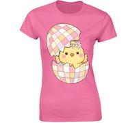 Gift Hub Cute Hatching Chick Womens T-Shirt Comedy Happy Easter Day Pastel Heart Pattern Egg Flower Crown Aesthetic Graphic Design Azalea - X-Large