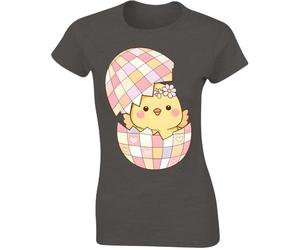 Gift Hub Cute Hatching Chick Womens T-Shirt Comedy Happy Easter Day Pastel Heart Pattern Egg Flower Crown Aesthetic Graphic Design Charcoal Grey - X-Large