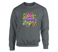Gift Hub Happy Easter Bunny Mens Colorful 3D Text Sweatshirt Pink Polka Dot Ears Orange Carrots Painted Eggs Classic Comfort sweats