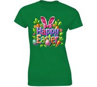 Gift Hub Happy Easter Bunny Womens T-Shirt Colorful 3D Text Pink Polka Dot Ears Orange Carrots Painted Eggs Aesthetic Graphic Design Irish Green - Large