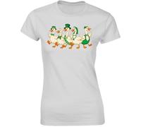 Gift Hub Saint Patricks Day Geese Womens Walking Parade Green Irish Leprechaun Hats Clover Bowtie Graphic T-Shirt Lucky Farm Birds Outdoor Nature Art White - Medium