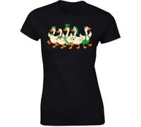 Gift Hub Saint Patricks Day Geese Womens Walking Parade Green Irish Leprechaun Hats Clover Bowtie Graphic T-Shirt Lucky Farm Birds Outdoor Nature Art Black - XX-Large