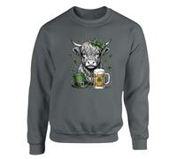 Gift Hub Saint Patricks Day Highland Cow Mens Sweatshirt Shaggy Bull Drinking Beer Mug Leprechaun Hat Green Plaid Bow Classic Comfort Casual Warm Festive Sweats