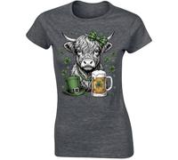 Gift Hub Saint Patricks Day Highland Cow Womens T-Shirt Shaggy Bull Drinking Beer Mug Leprechaun Hat Green Plaid Bow Graphic Design Aesthetic Holiday Festive Outfit Dark Heather Grey - X-Large