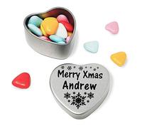 Gift In Can Merry Xmas Andrew Heart Shaped Mini Tin Gift filled with mini coloured chocolates perfect christmas card alternative for Andrew Fun Festive Snowflakes Design